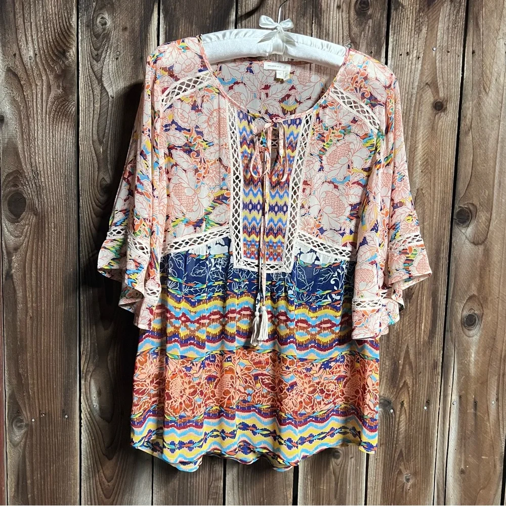 Meadow Rue Boho Sheer Floral Peasant Blouse Flowy Bat Wings Crochet Lace Sz L - Picture 3 of 14